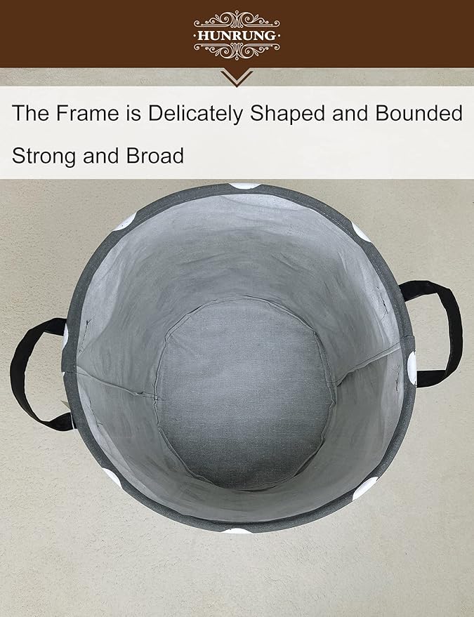 HUNRUNG Collapsible Fabric Storage Basket, Waterproof Laundry Hamper with Handles, Round Storage Bin for Clothes Toys, Foldable Organizer for Bedroom Nursery Bathroom(Round-Grey Baseball)