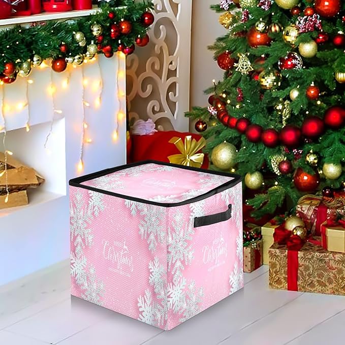 Pink Christmas Snowflake Christmas Ornament Storage Box, 4 Tier Holds Up to 64 Holiday Ornaments Decoration Balls, Holiday Decorations Accessories Xmas Decorations Storage Container with Dividers