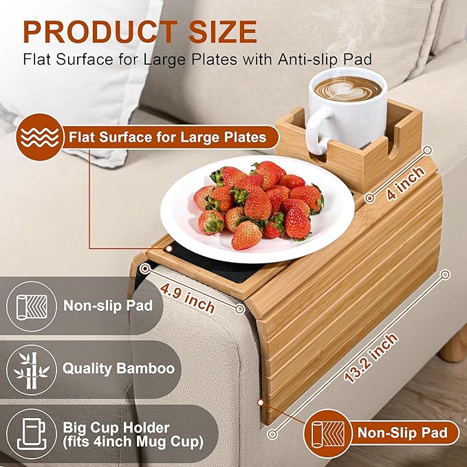 Joy&Grace Sofa Armrest Tray with Large Mug Holder, Bamboo Couch Arm Tray, Anti-Slip Couch Cup Holder Foldable Sofa Arm Table for Eating Drinks Cellphone (Color Natural)