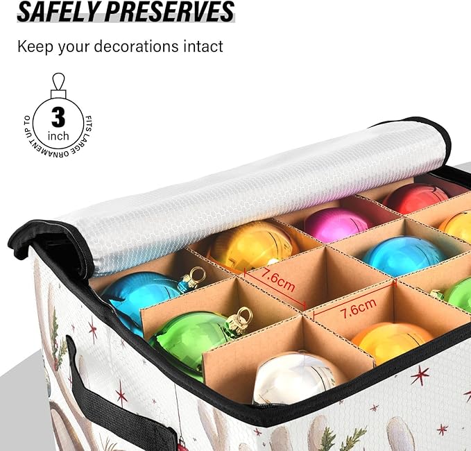 Red Green Buffalo Plaid Christmas Ornament Storage Basket Box Reindeer Snowflake Bells Holiday Storage Container Cube with Adjustable Dividers for 64 Holiday Ornaments or Decorations