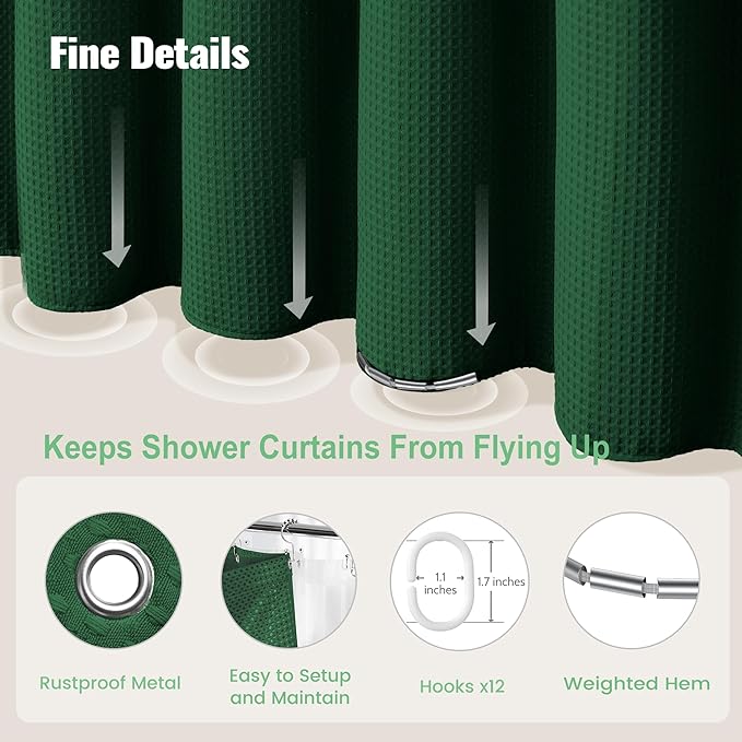 Dynamene Long Shower Curtain and Liner Set - 78 inch Tall Waffle Fabric, Waterproof Clear Liner, Heavy Duty Weighted Hotel Luxury Shower Curtains for Bathroom with 12 Hooks, 72x78, Dark Green