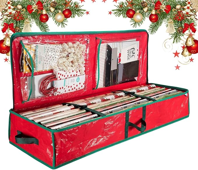 Christmas Wrapping Paper Storage, Oxford Fabric Festive Holiday Wrapping Paper Storage Bin for Living Room, Bedroom, Closet, Rolls, Ribbons, Bow, Organizer