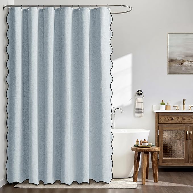 MIULEE Light Blue Scalloped Shower Curtain Linen Textured with 12 Metal Hooks Cute Heavy Duty Washable Waterproof Thick Cloth Shower Curtains with Black Border for Bathroom Hotel Bathtub,W72*L72