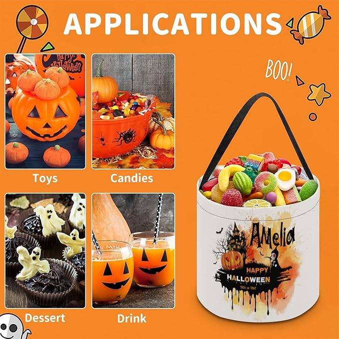 Personalized Halloween Trick or Treat Candy Bag with Name Custom Text Party Tote Bucket Halloween Candy Basket Gift (Bag-10)