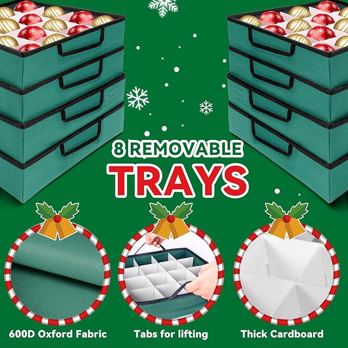 Christmas Ornament Storage Box, Ornament Storage Container with 8 Trays, Xmas Decoration Organizer Holds Up to 128 Decoration Balls, Durable 600D Oxford Material（Green）