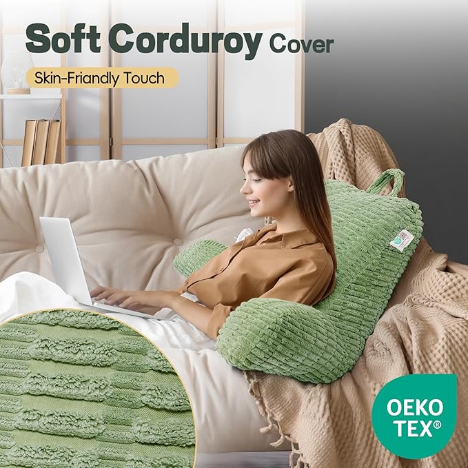 21" Higher Large Reading Pillow for Bed Adult, Back Pillow for Bed Sitting Up with Memory Foam Back Support with Arms Rest for Couch Chair Sage Green