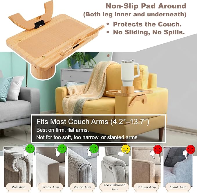 Couch Arm Table, 3-in-1 Sofa Armrest Tray with 360° Rotating Phone Holder & Cup Holder, Clip-On Armchair Side Table for Drinks, Snacks & Remote, Large 15.36" x 9.85" (Natural Bamboo)