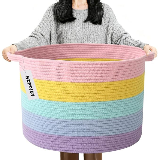 90L Large Blanket Basket,21.7"L x 21.7"W x 13.8"H Rope Woven Baskets with Handles, Toys Storage Bins,Laundry Basket Perfect for Living Room, Nursery,Bedroom,Home Organization,Colorful