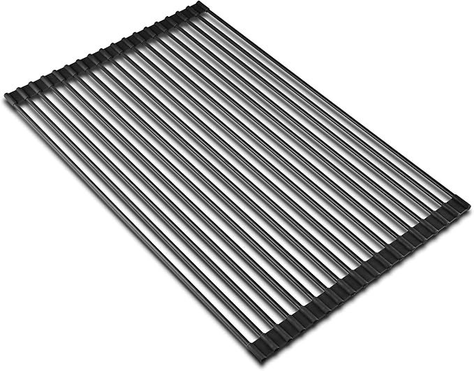 edge Roll Up Dish Drainer, Over The Sink Multi-Purpose Foldable Drying Rack, Silicone Coated Black, Medium- 17" x 13.1"