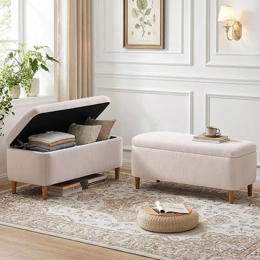 39.4”Ottoman with Storage Set of 2,Upholstered Comfy Storage Bench Ottoman with Wooden Legs,End of Bed Bench Footstool for Hallway Entryway Bedroom Living Room Corner Beige