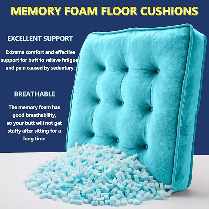 1 MIDDLE ONE Floor Pillow Set of 2, Memory Foam Meditation Cushion, Floor Cushions for Adults Sitting, Large Square Seat Cushions for Yoga, Couch, Sofa, Kids, Living Room, 22x22 Inch (Blue)