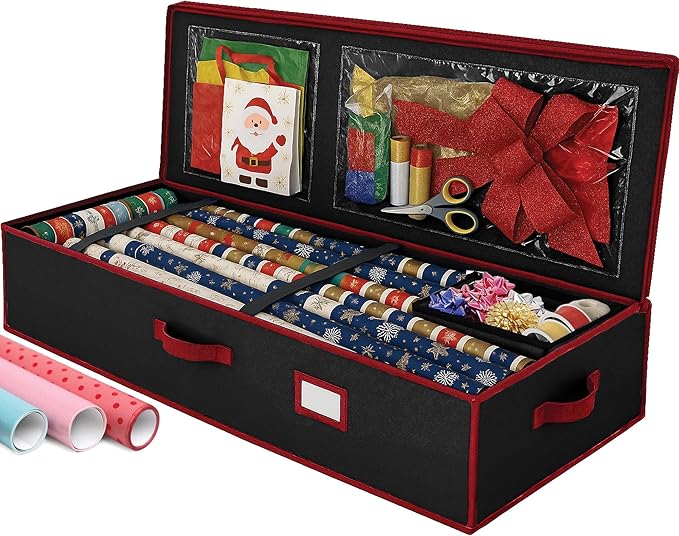 Christmas Wrapping Paper Organizer Storage, with Straps & Pockets, Gift Wrap Organizer Bag for Christmas Decorations, Fits Upto 24 Rolls, Underbed Storage for Holiday Decoration, (Black)