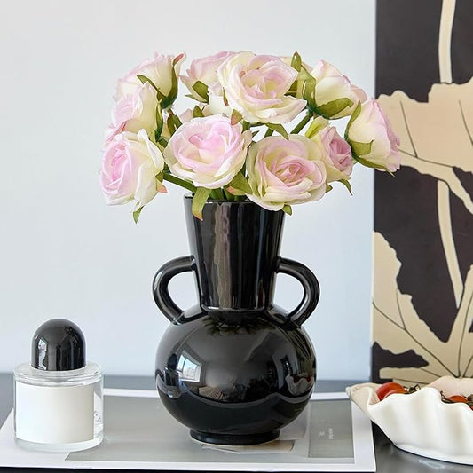 7 Inch Black Ceramic Vase with 2 Handles, Modern Flower Vase Decorative Vases for Bouquet, Unique Vases for Home Decor Farmhouse Living Room Table Centerpieces Wedding Decorations