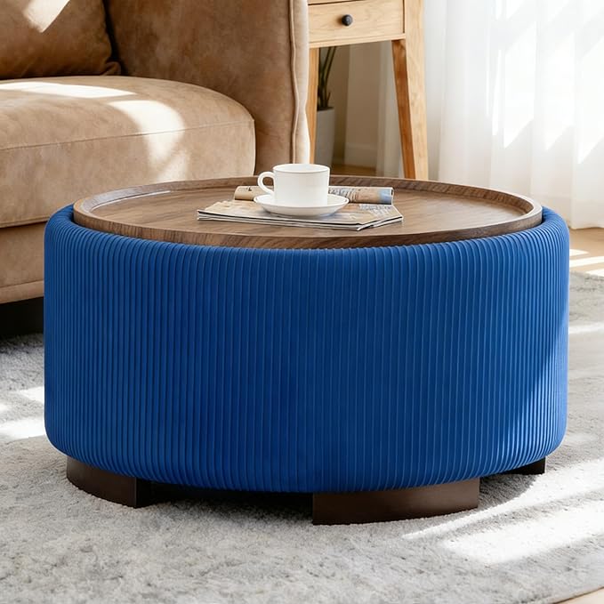 29.5 Inch Round Storage Ottoman Coffee Table,Modern Circle Coffee Table with Storage with Removable Lid Top and Solid Wood Legs,Large Round Ottoman for Bedroom,Living Room,Velvet,Blue