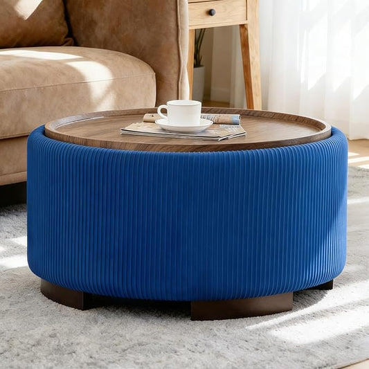 29.5 Inch Round Storage Ottoman Coffee Table,Modern Circle Coffee Table with Storage with Removable Lid Top and Solid Wood Legs,Large Round Ottoman for Bedroom,Living Room,Velvet,Blue