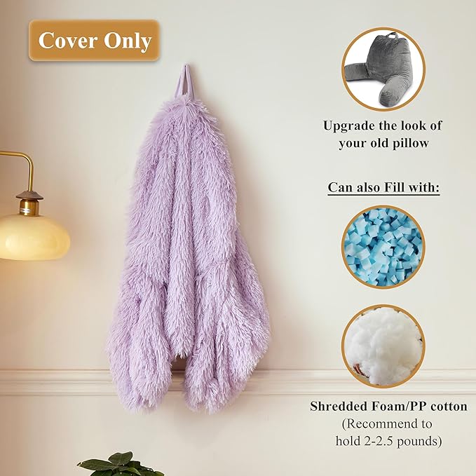 XeGe Fluffy Back Support Pillow Cover for Bed (No Filler), Light Purple Faux Fur Backrest Pillowcase, Lilac Furry Reading Pillow with Arms for Adults Kids, Fuzzy Sit Up Study Pillow, Lavender