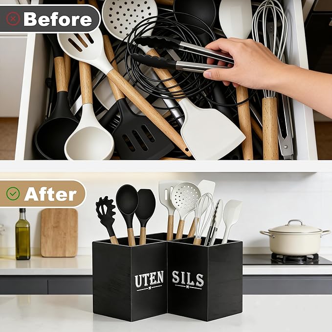 Extra Large Kitchen Utensil Holder for Countertop, Three Compartment Wooden Utensil Holder Farmhouse Decor Perfect for Storing Spatulas and Cooking Tools