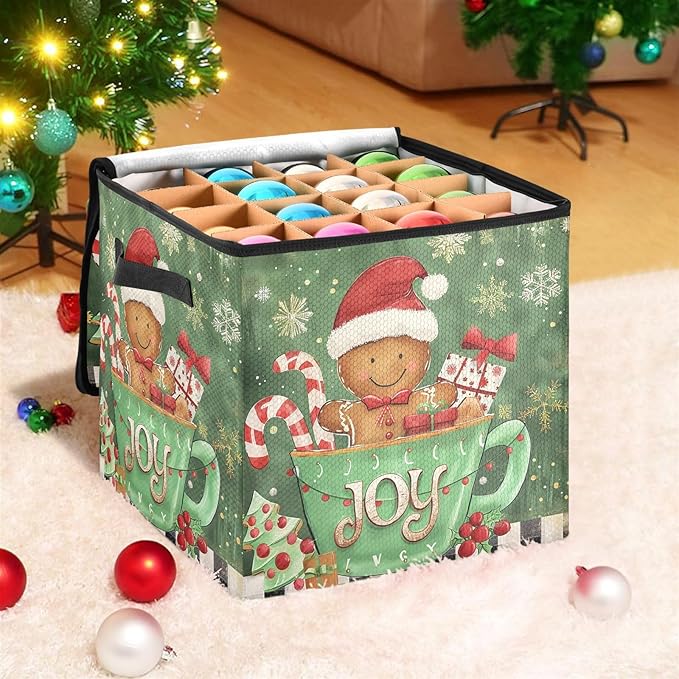 Green Christmas Ornament Storage Basket Box Poinsettia Candy Cane Bells Holiday Storage Container Cube with Adjustable Dividers for 64 Holiday Ornaments or Decorations Keeps Clean and Dry