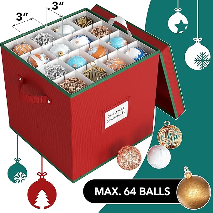 Simple Houseware Heavy-Duty Christmas Ornament Storage Box with Adjustable Dividers, Stores up to 64 Ornaments, Reinforced Base, Red