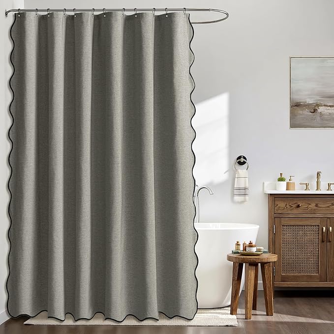 MIULEE Grey Scalloped Shower Curtain Linen Textured with 12 Metal Hooks Cute Heavy Duty Washable Waterproof Thick Cloth Shower Curtains with Black Border for Bathroom Hotel Bathtub,W72*L72