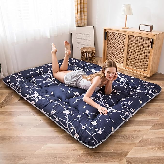 MAXYOYO Japanese Futon Mattress Floor Mattress Sleeping Pad Foldable Bed Roll Up Camping Cushion Floor Lounger Bed Couches and Sofas Couch Topper, Navy Floral, Full Size