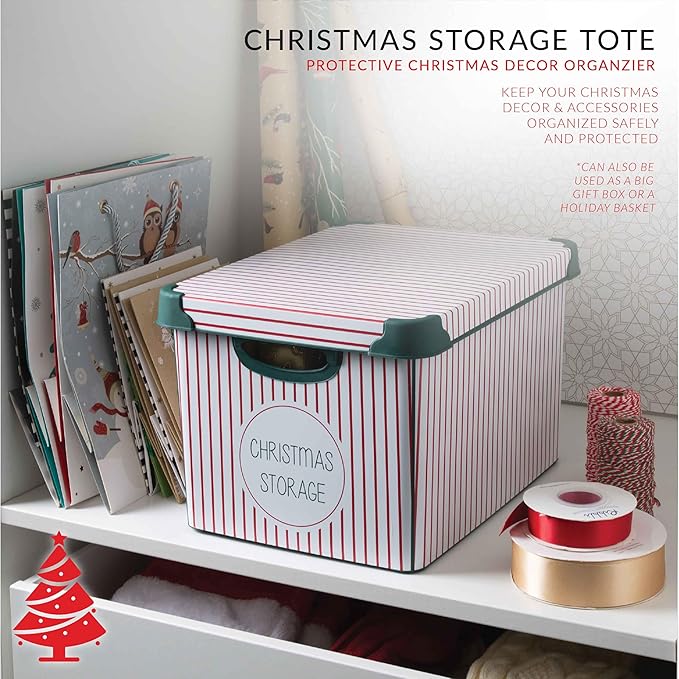Simplify Christmas Stripe Design Holiday Tote Bin Ornament Storage | Holds 60 Ornaments | Removeable Lid | Easy Carry Handles | Christmas Storage | Green