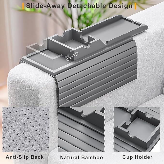 Bestjing Bamboo Couch Armrest Table, Sofa Arm Tray with Detachable Couch Cup Holder- 2 in 1 Anti-Slip Foldable Sofa Armchair Caddy Table for Drinks Cellphone TV Remote Snacks (Gray)