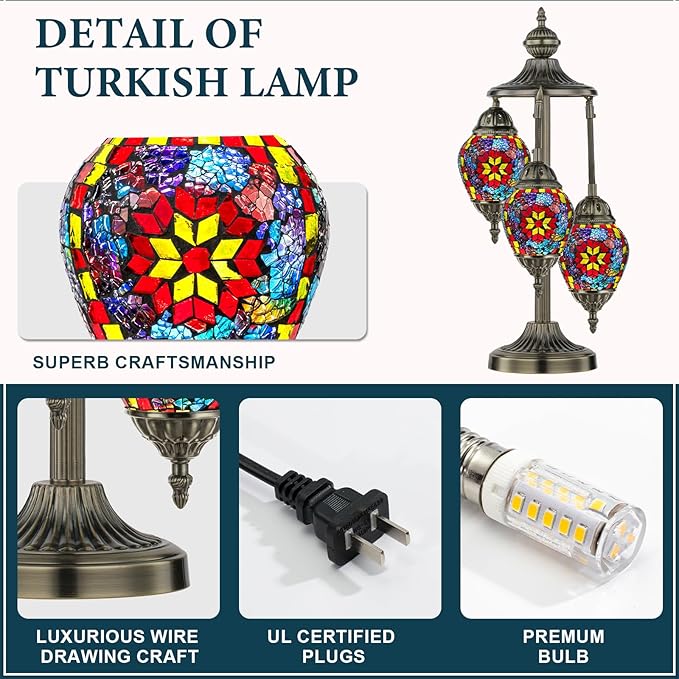 Marrakech Turkish Lamp 3 Globes Moroccan Table Lamp with Bronze Base, 23" Tall Handmade Colorful Tiffany Mosaic Glass Night Light Fixture Including LED Bulb for Living Room Bedroom Decor