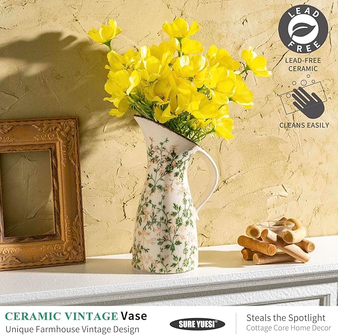 for Mom from Daughter or Son, Vintage Ceramic Pitcher Vase with Handle 10.5”, Green Farmhouse Floral Vase, Chinoiserie Rustic Decor for Living Room, Bookshelf, Office