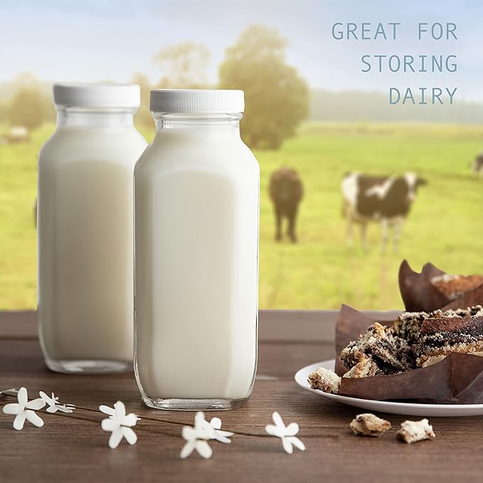 kitchentoolz 16oz Square Glass Milk Bottle with Lid - Glass Jars with Airtight Lid used for Milk Container, Yogurt, Smoothies, Juice, Kefir, & Water -2 Pack 16 oz Glass Bottles with Lids