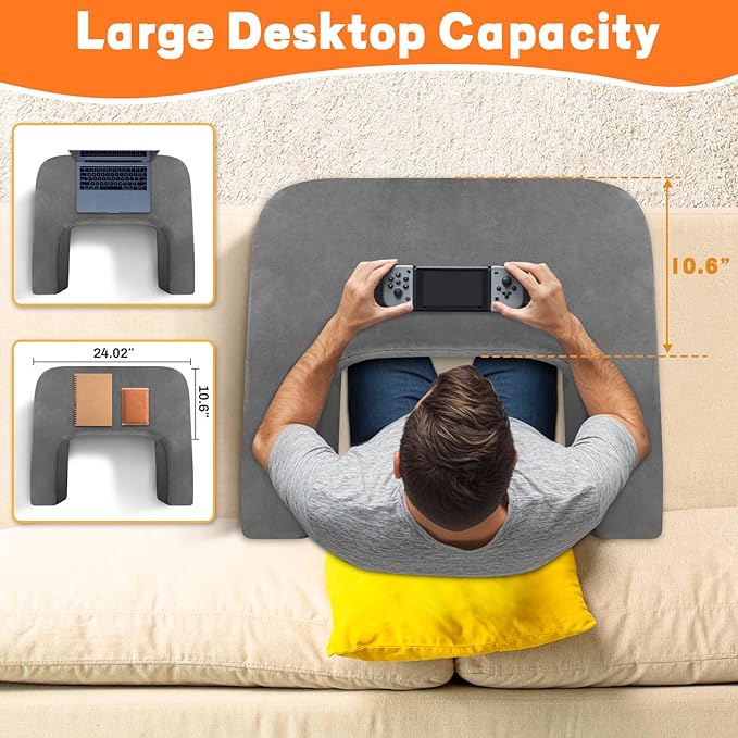 TranquilRelax Reading Pillow for Sitting in Bed Adult Size, Back Pillow for Bed Sitting Up, Memory Foam Gaming Pillow, Lap Pillow with Triangular Pillow, Grey Bed Desk for Laptop and Writing/Gaming