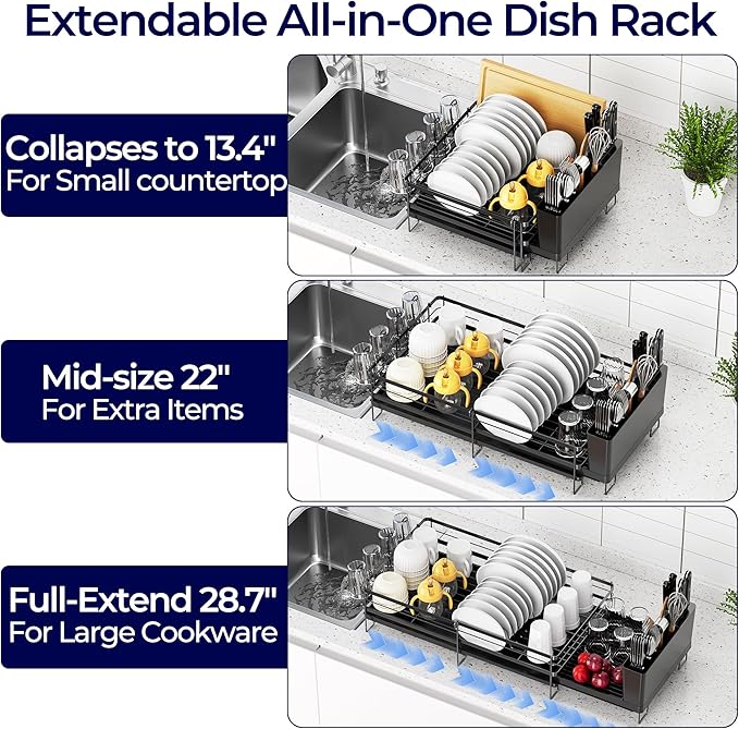 Large Dish Drying Rack, Expandable Dish Rack for Kitchen Counter, Dish Drainer with Drainboard Set, Multifunctional Dishrack with Utensil & Cup Holder, 13.4"-28.7" L x 11.8" W x 7.4" H, Black