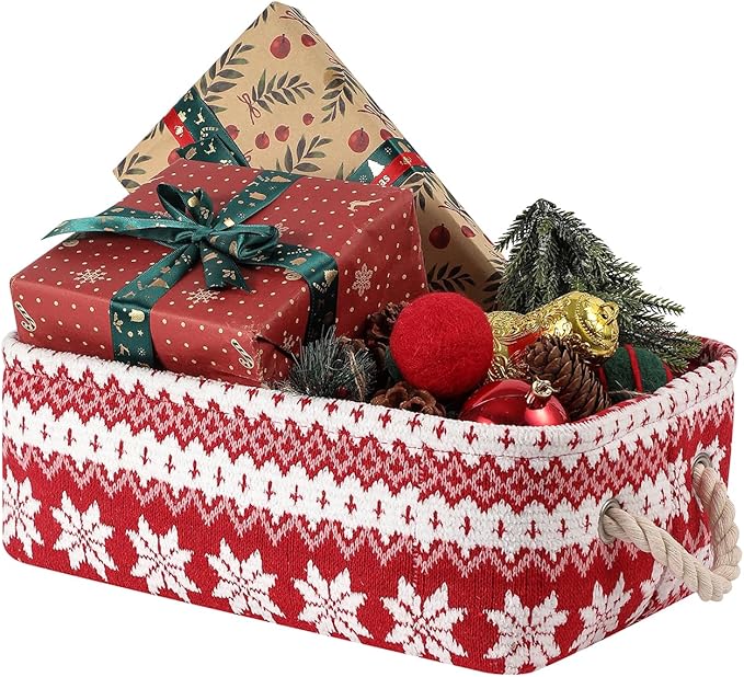 INough Red Christmas Gift Basket, Collapsible Empty Holiday Storage Bin with Handles, Fabric Storage Organizer for Kids, Baby Items, Presents and Festive Home Decorations