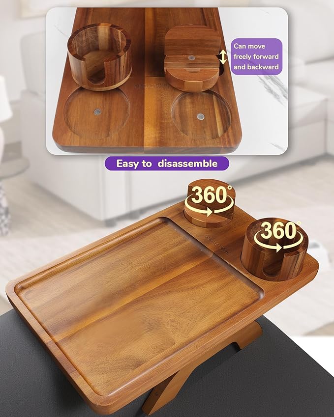 Couch Arm Tray Table with Cup Holder & Adjustable Phone Stand – Foldable Acacia Wood Sofa Arm Clip Table for Wide Couches, Recliners, and Living Room Use