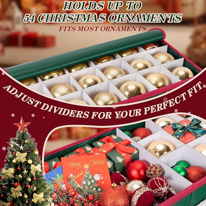 Christmas Ornament Storage Box with Adjustable Dividers Zippered Top Stores up to 54 Holiday Ornaments (4 Inch) Xmas Ball Decorations Organizer Storage Container Bin