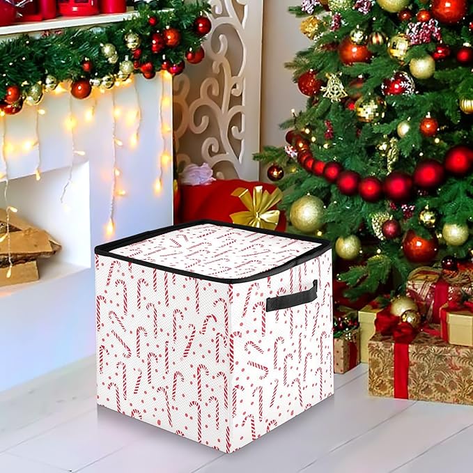 Christmas Ornament Storage Basket Box Red White Candy Cane Holiday Storage Container Cube with Adjustable Dividers for 64 Holiday Ornaments or Decorations Keeps Clean and Dry for Next Season