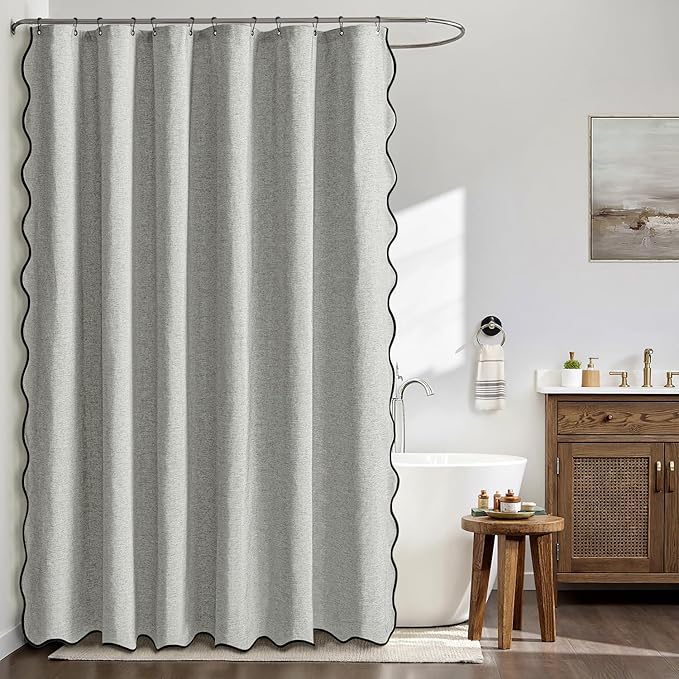 MIULEE Light Grey Scalloped Shower Curtain Linen Textured with 12 Metal Hooks Cute Heavy Duty Washable Waterproof Thick Cloth Shower Curtains with Black Border for Bathroom Hotel Bathtub,W72*L72