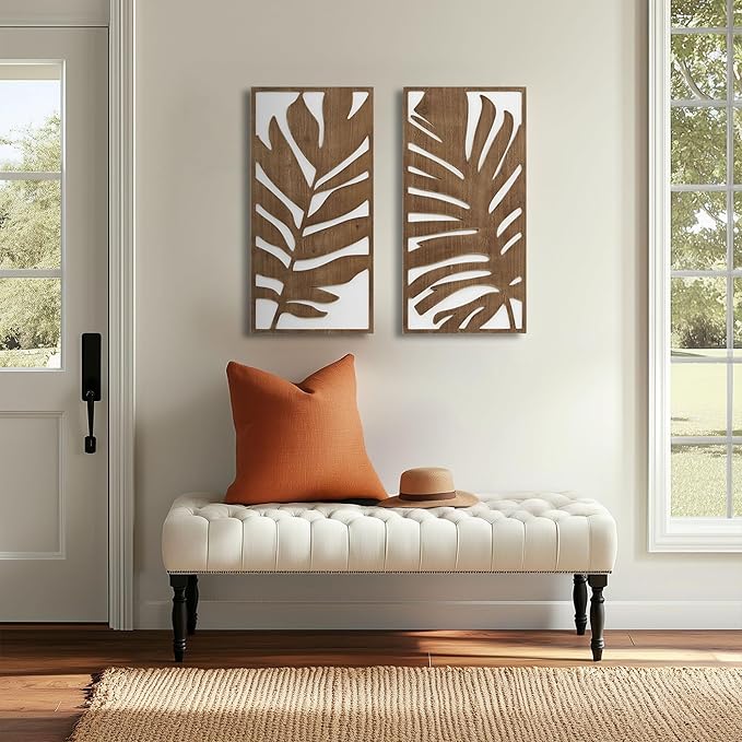 Madison Park Wall Décor for Living Room - Birch Botanical Two-Tone, Home Accent Modern Kitchen Dining Decoration, Ready to Hang 2-Piece Wood Panel Set for Bedroom, 16"W x 32"H, Monstera