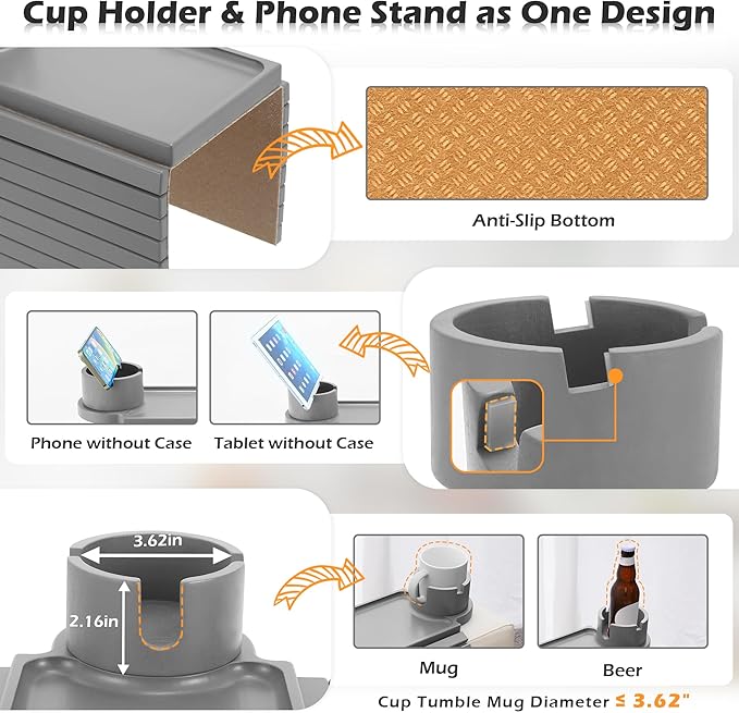GHKINMAL Couch Cup Holder Tray, Large Couch Arm Table with 360° Ratated Phone Holder, 3 in 1 Bamboo Sofa Armrest Tray with Anti-Slip Couch Organizer for Remote,Cellphone,Snacks