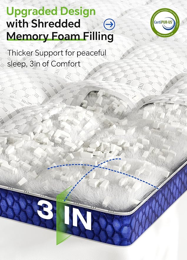 BEDELITE Full Mattress Topper 3 Inch Thick Mattress Pad, Plush Pillow Top Bed Cover with Elastic Deep Pockets Up to 6-24 Inch for Pressure Relief, Shredded Memory Foam Filling