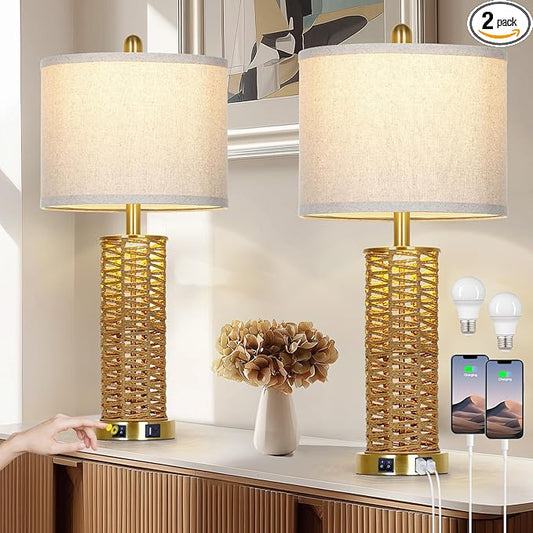 CINSARY 27" Natural Rattan Table Lamps Set of 2, Boho Bedside Lamp for Bedroom with Night Light, Woven Wicker Nightstand Lamps with 2 USB Ports & AC Outlet, Tall Farmhouse Living Room Lamp, Gold