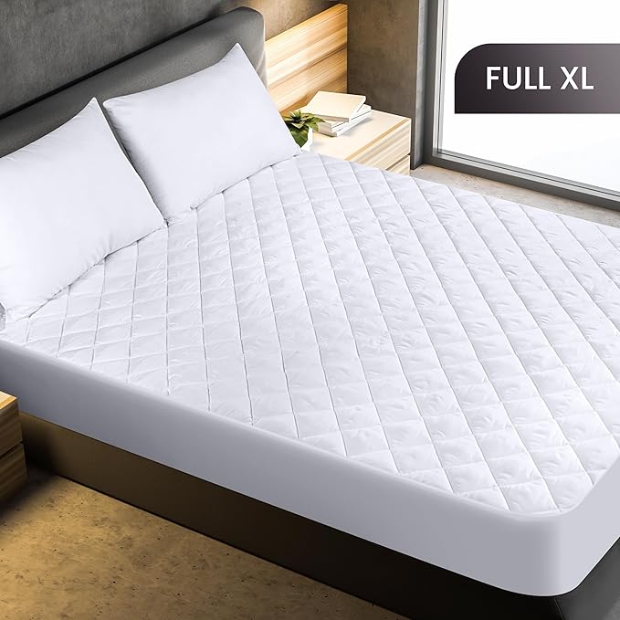 Utopia Bedding Quilted Fitted Mattress Pad, Full XL Size, Elastic Fitted Mattress Topper Protector and Cover with Deep Pocket Stretches up to 16 Inches, Machine Washable (White)