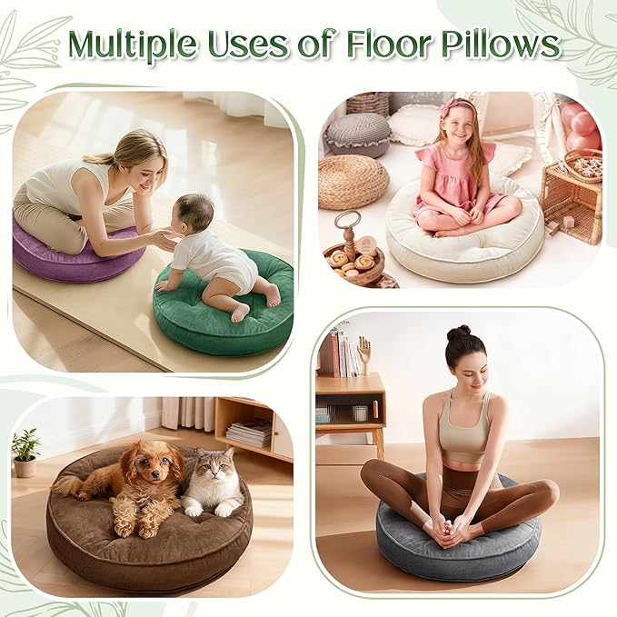 1 MIDDLE ONE Floor Pillow Set of 2, Memory Foam Meditation Cushion, Floor Cushions for Adults Sitting, Large Round Seat Cushions for Yoga, Living Room, 20x20 Inch (Round | Off-White)