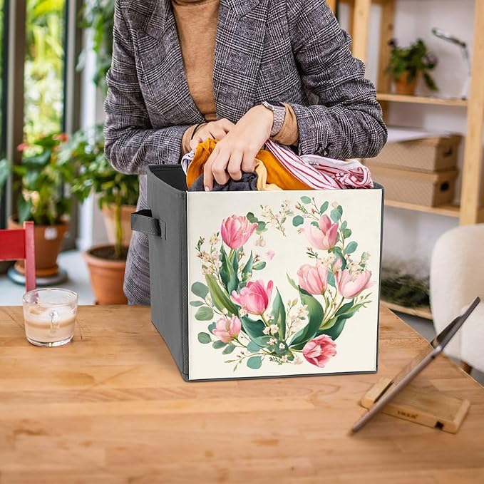 Watercolor Floral Wreath with Pink Tulips Cube Storage Bins Storage Cubes Foldable Decorative Fabric Storage Baskets Home Organizers with Handles for Shelves,Closet, 10.6 X 10.6 Inch