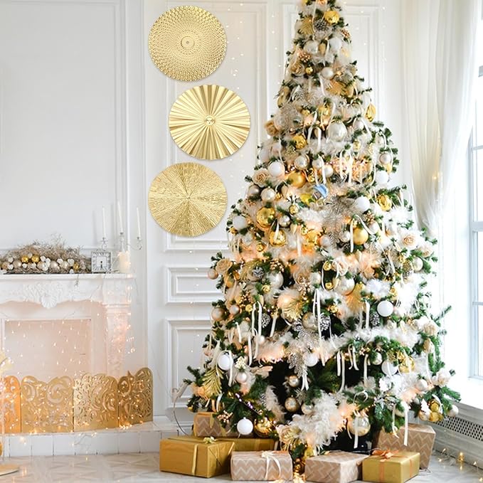 HOFURME 3 Pcs Gold Wall Art Decor, Gold Metal Wall Decor Starburst Round Wall-Hangings for Living Room, Bedroom & Office - Modern Golden Wall-Accents (9.64", 9.64", 9.84", Iron)