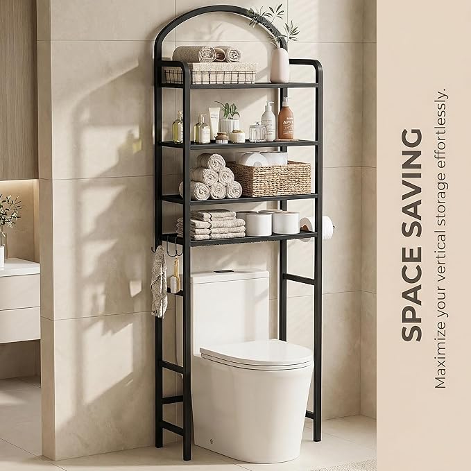 4-Tier Over The Toilet Storage, Bathroom Organizer, Space-Saving, Above Toilet Storage Rack with 4 Hooks and Paper Holder, Metal Shelf, Black