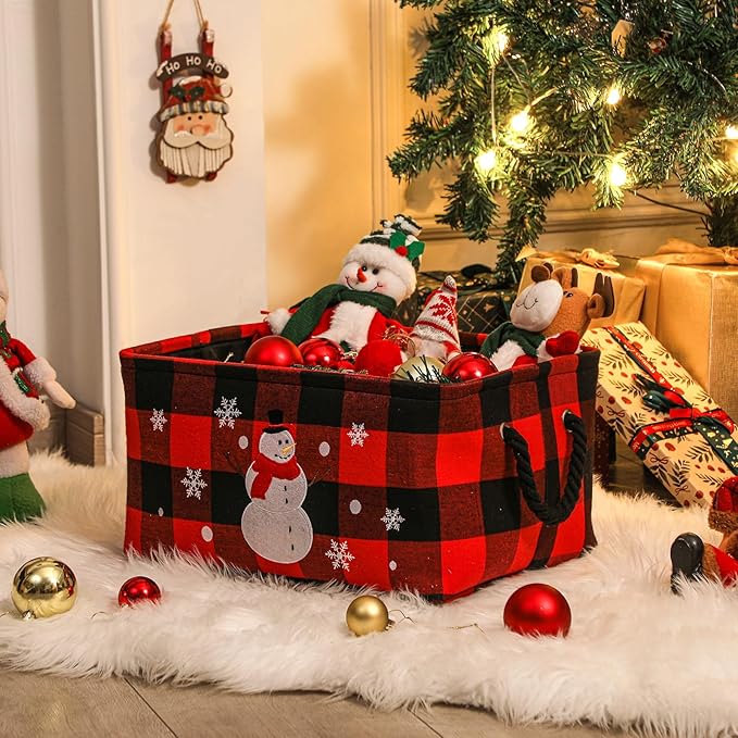 INough Christmas Baskets, Large Red Buffalo Plaid Collapsible Storage Basket with Handles, Empty Holiday Gift Basket for Toys, Blankets, Baby Items and Christmas Home Decorations