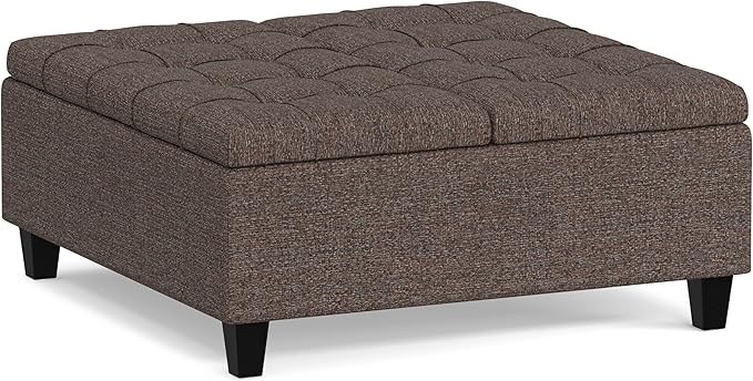 SIMPLIHOME Harrison Coffee Table Storage Ottoman - 36 inch Wide Upholstered Tweed Look Fabric Square Lift-Top Ottoman in Mink Brown, Transitional Ottoman for Living Room with Hidden Storage