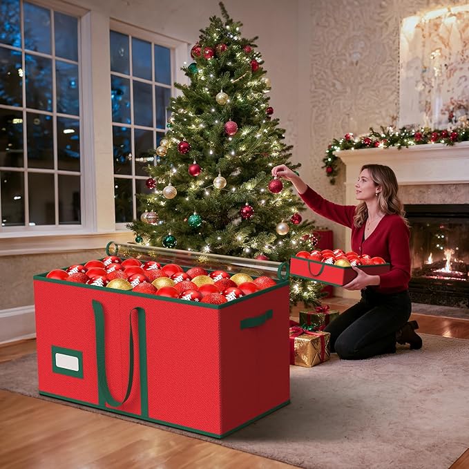 Christmas Ornament Storage Box Store 128 Ornaments, Xmas Ornament Organizer Storage box with Dual Zipper Closure and Adjustable Dividers, Large Holiday Decorations Containers with 8 Individual Trays