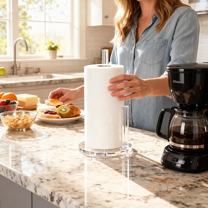 Acrylic Paper Towel Holder, Premium Stand for Kitchen Organize, One-Handed Manipulation Countertop Roll Paper Dispenser (DP014)